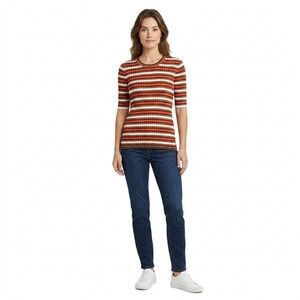 Veronica Beard Striped Ribbed Knit Elbow Sleeve Top Orange Brown Black Large
